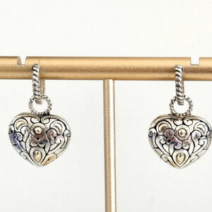 925 Sterling Silver & 14K Gold Puffy Heart Openwork Filigree Scroll Earrings